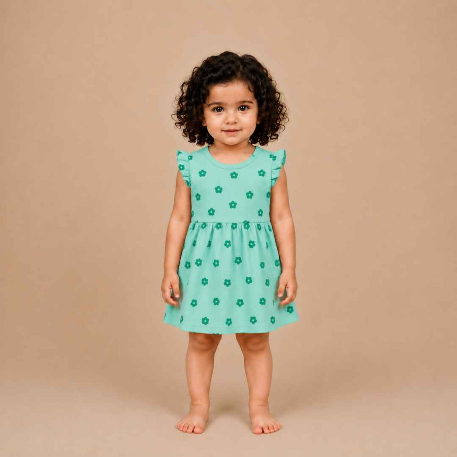 Green Floral Print Dress with Frill Sleeves