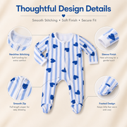 Baby Blue Stripe Heart Print Sleepsuit