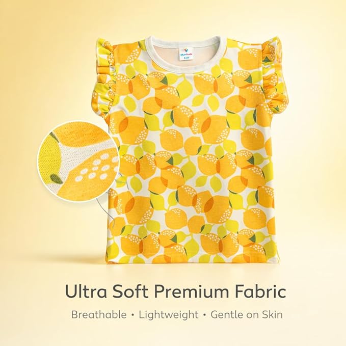 Lemon Print Cotton Ruffle Sleeve Top For Girls