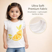 Girls Cotton Top with Citrus Embroidered Print & Ruffle Sleeves