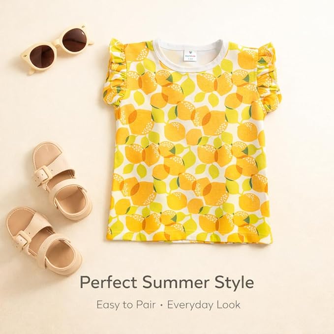 Lemon Print Cotton Ruffle Sleeve Top For Girls