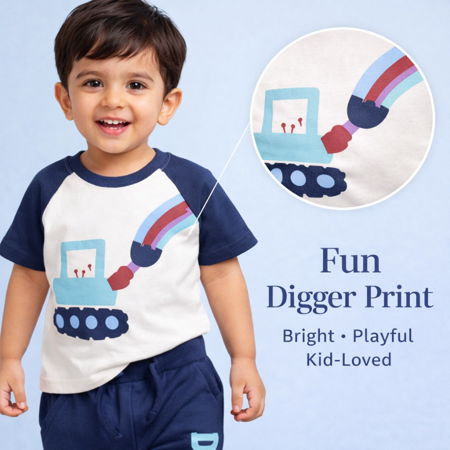 Boys Cotton Excavator Printed T-Shirt & Joggers Set