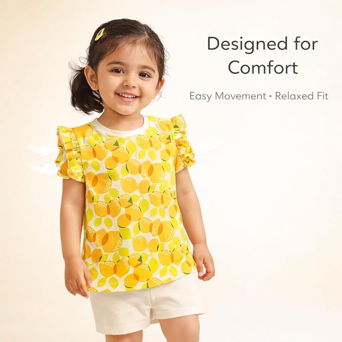 Lemon Print Cotton Ruffle Sleeve Top For Girls