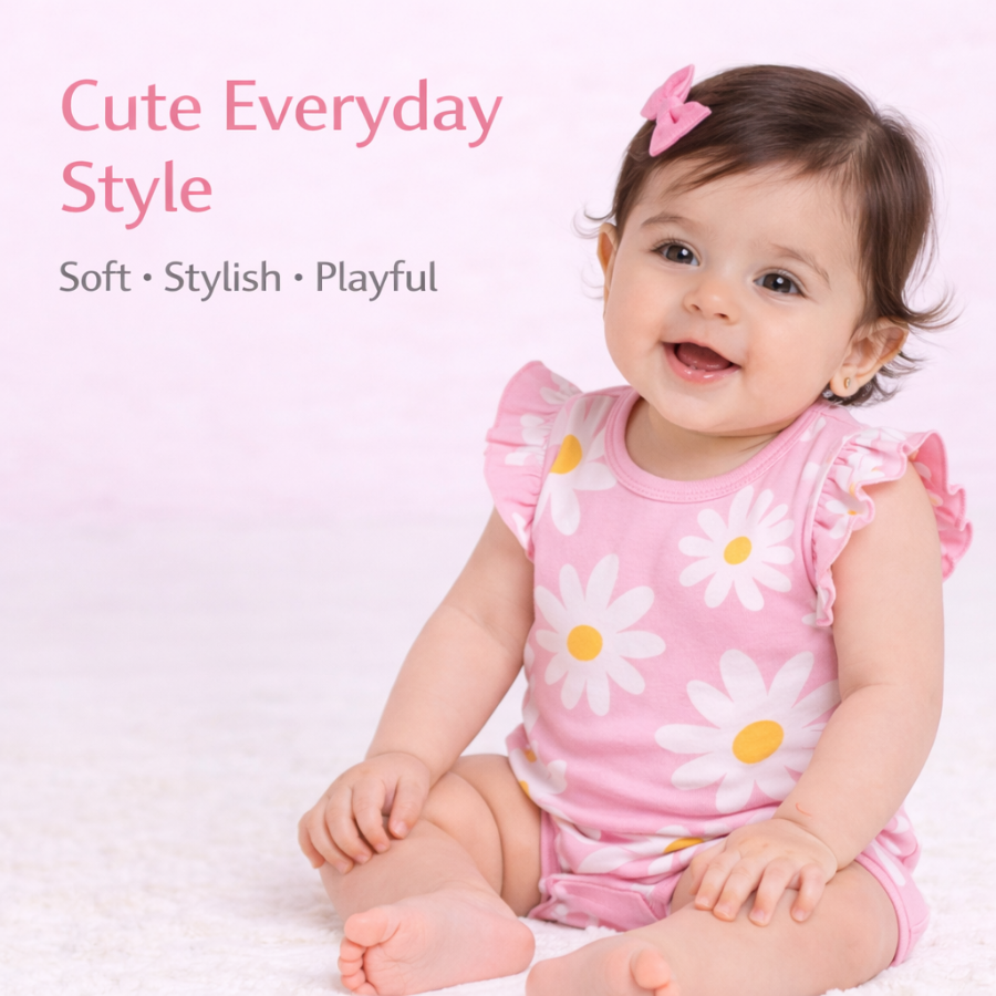Floral Print Ruffle Sleeve Rompers with Snap Closure-Pink