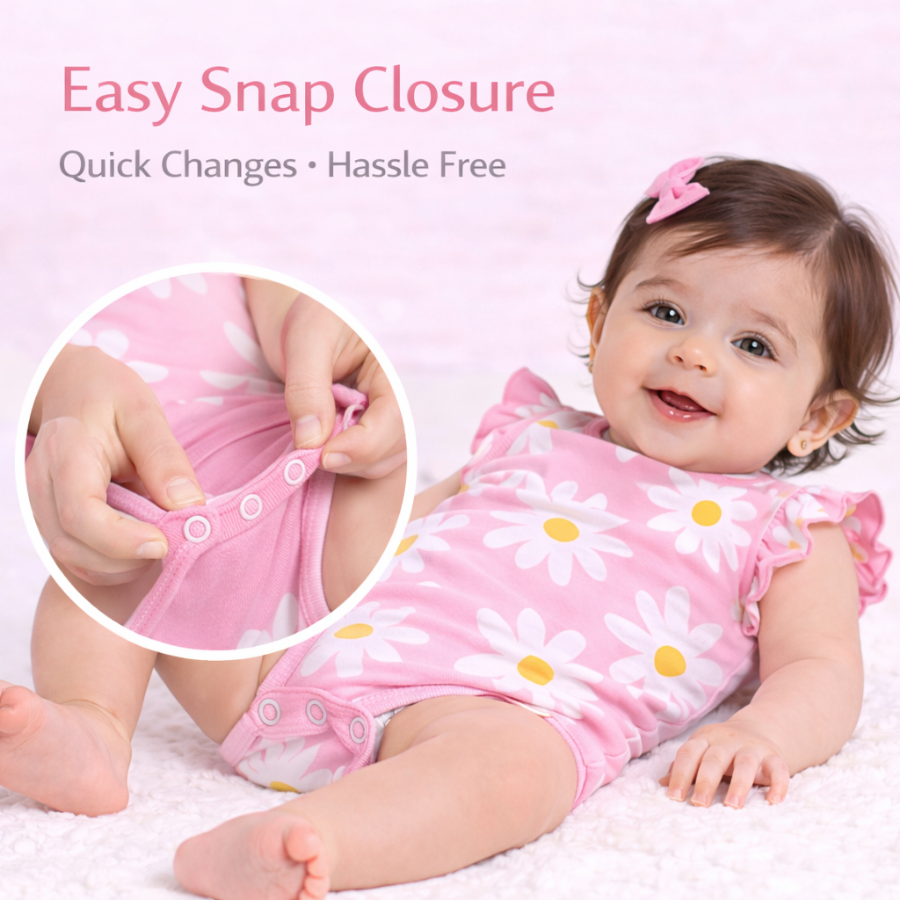 Floral Print Ruffle Sleeve Rompers with Snap Closure-Pink