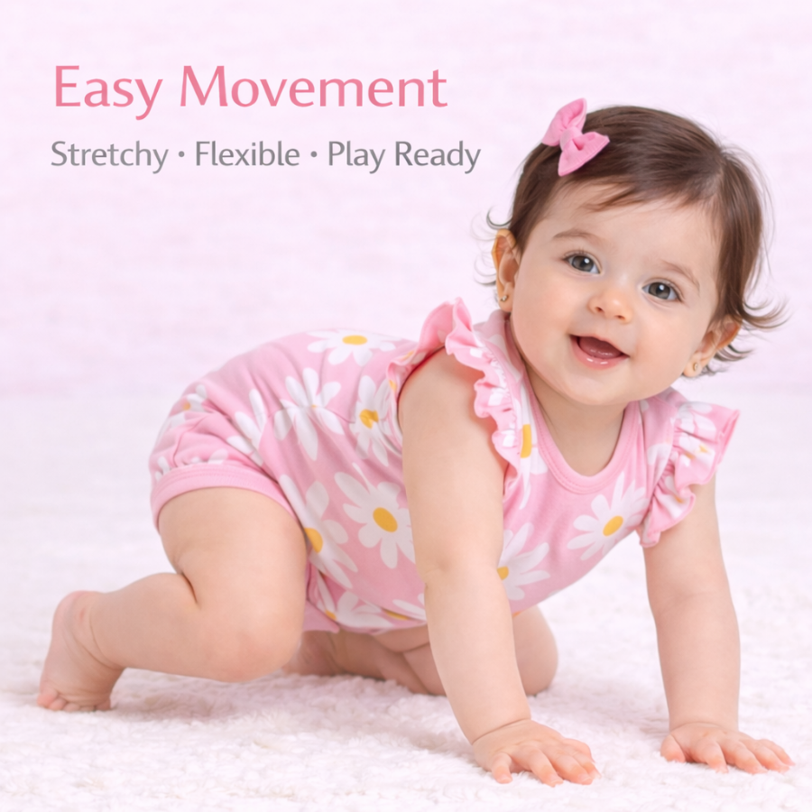 Floral Print Ruffle Sleeve Rompers with Snap Closure-Pink
