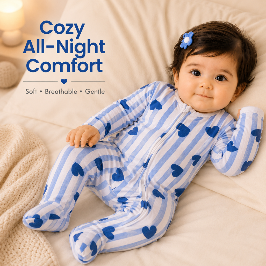 Baby Blue Stripe Heart Print Sleepsuit