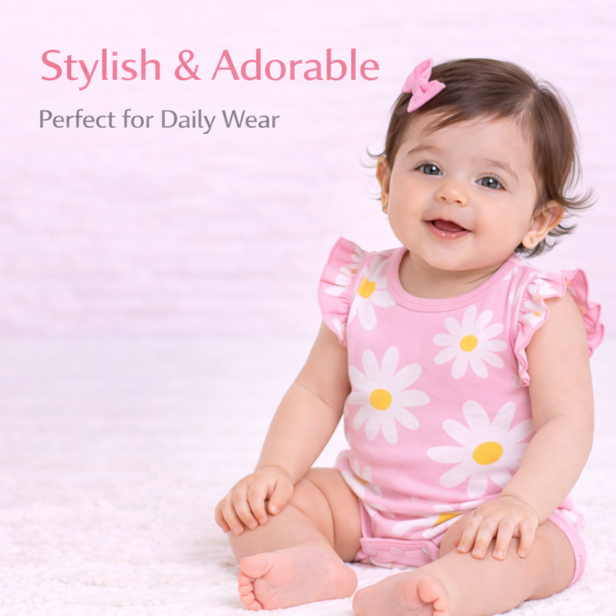 Pack of 3 – Floral & Heart Print Ruffle Sleeve Romper with Snap Closure