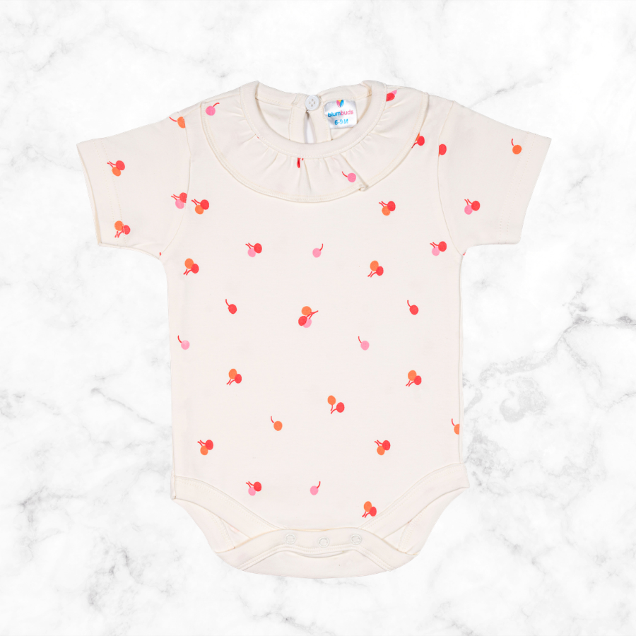 Pack of 2 – Off White Cherry & Light Orange Floral Print Romper with Snap Closure