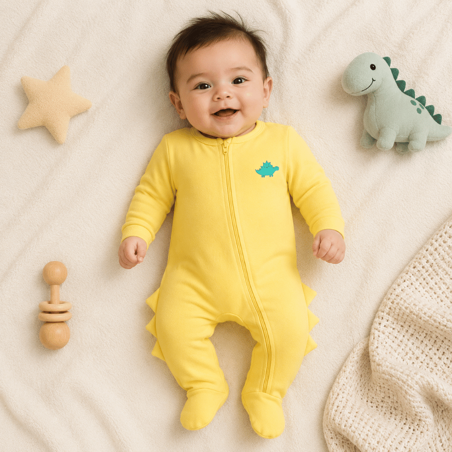 Baby Full Sleeve Yellow Zipper Romper with Cute Dino Design