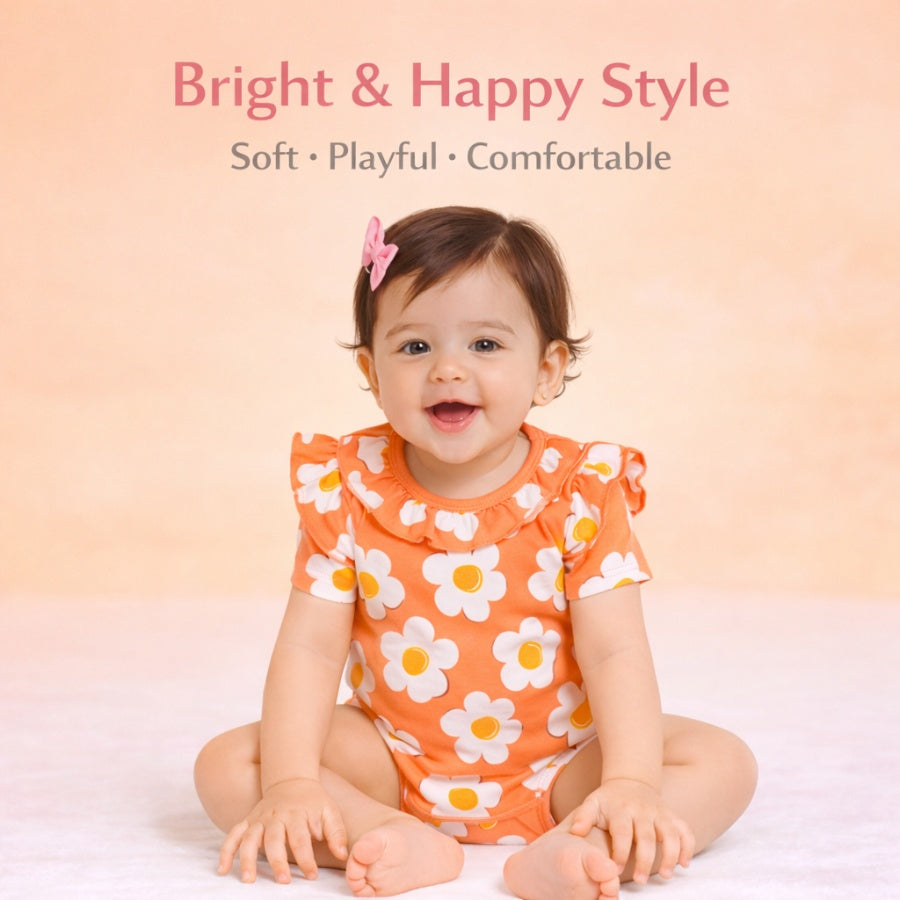 Floral Print Romper with Snap Closure- Light Orange