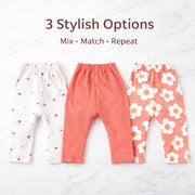 Floral Print & Solid Cotton Baby Diaper Leggings Set-Pack of 3