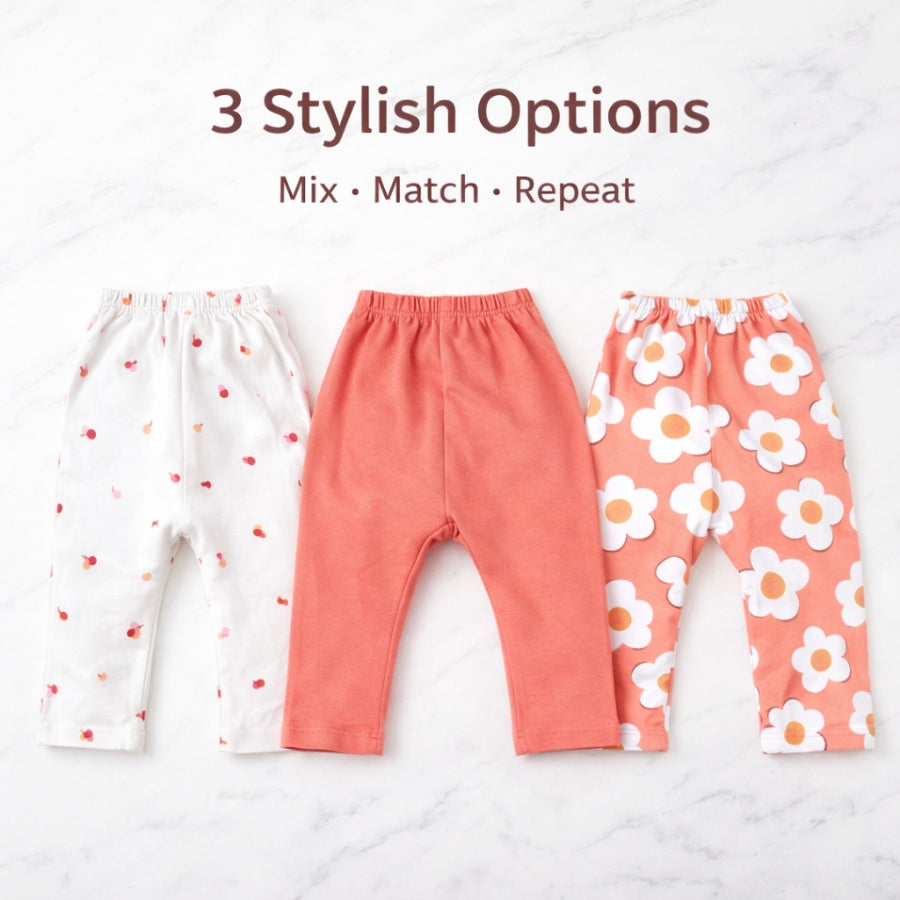Floral Print & Solid Cotton Baby Diaper Leggings Set-Pack of 3