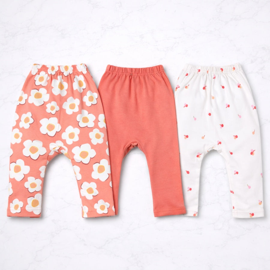 Floral Print & Solid Cotton Baby Diaper Leggings Set-Pack of 3