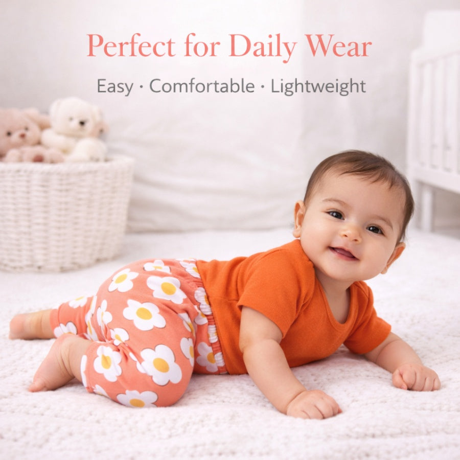 Floral Print & Solid Cotton Baby Diaper Leggings Set-Pack of 3
