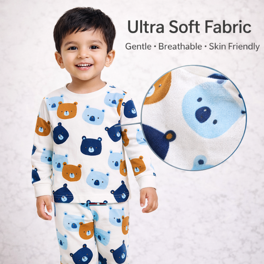 Boys Cotton Co-Ord Set – Bear Print Full Sleeve Top & Pants