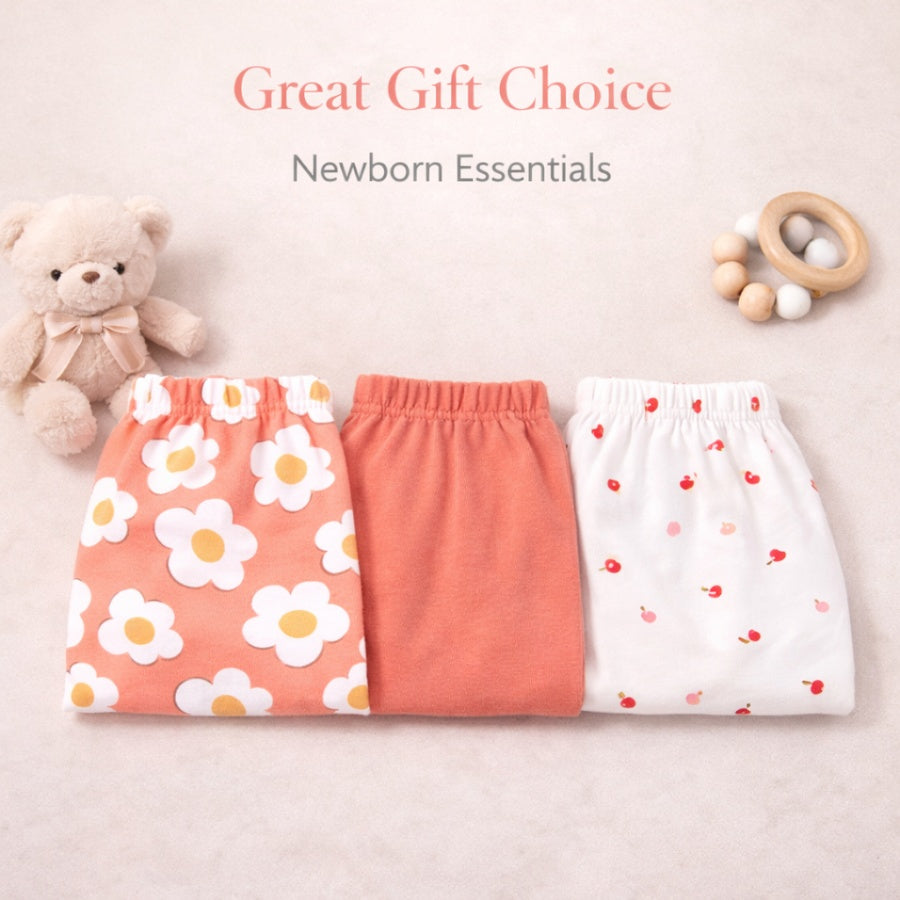 Floral Print & Solid Cotton Baby Diaper Leggings Set-Pack of 3