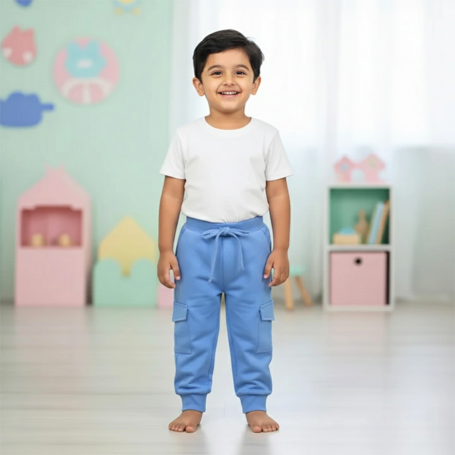 Kids Royal Blue Cotton Drawstring Cargo Jogger Pants