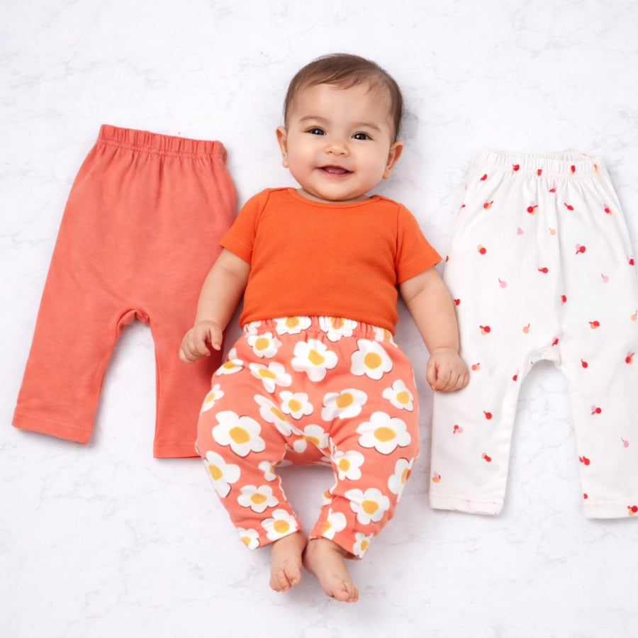Floral Print & Solid Cotton Baby Diaper Leggings Set-Pack of 3
