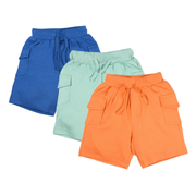 Kids Cotton Solid Cargo Shorts Set –Blue,Mint & Orange (Pack of 3)