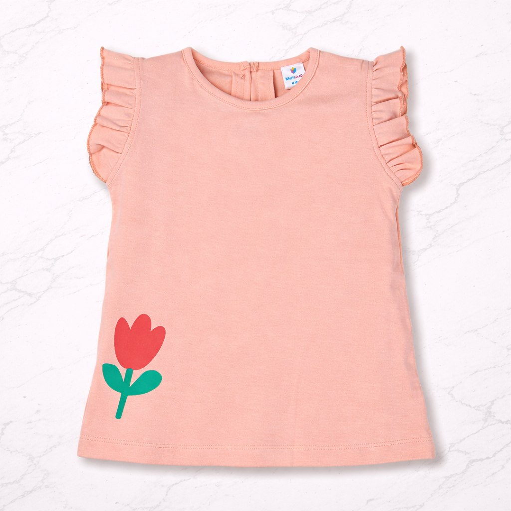 Floral Print Top with Frill Sleeves-Peach