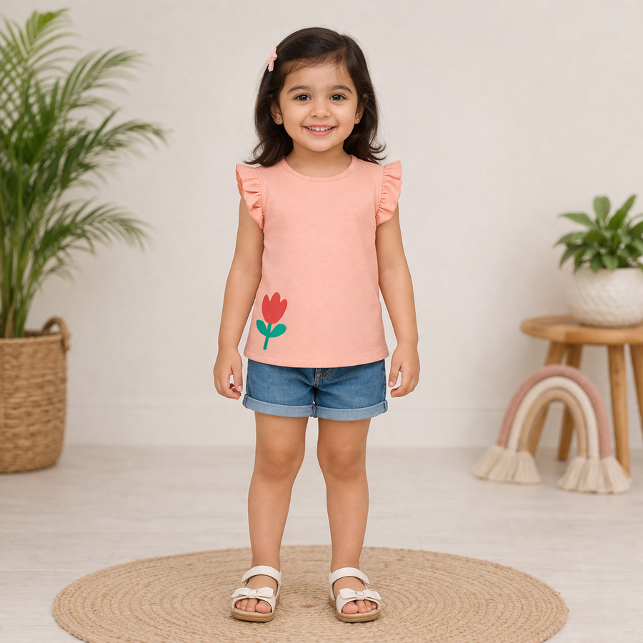 Tulip Print & Cherry Print Frill Sleeves Top-Pack of 3