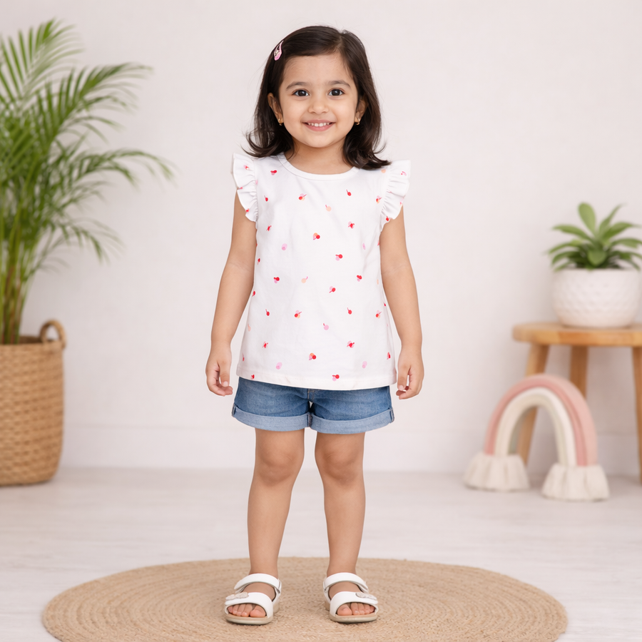 Tulip Print & Cherry Print Frill Sleeves Top-Pack of 3