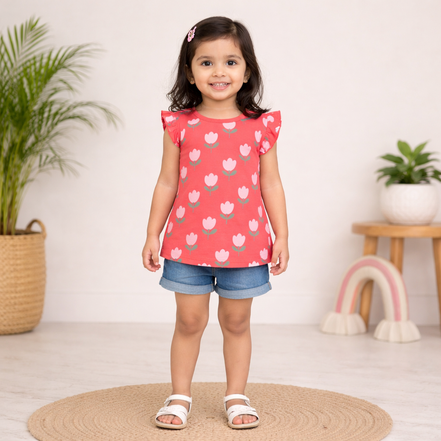 Tulip Print & Cherry Print Frill Sleeves Top-Pack of 3