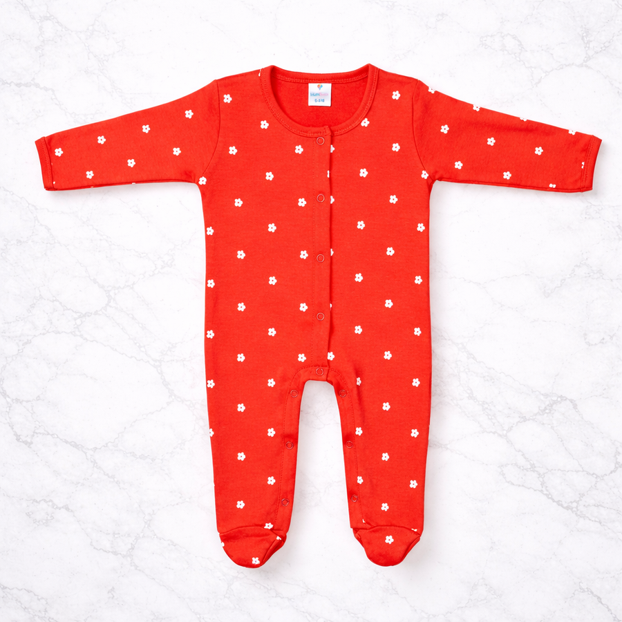 Red Floral Print Romper with Snap Button Closure