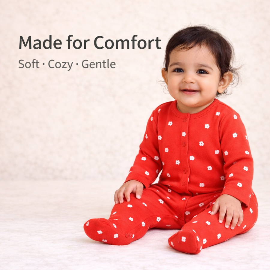 Red Floral Print Romper with Snap Button Closure