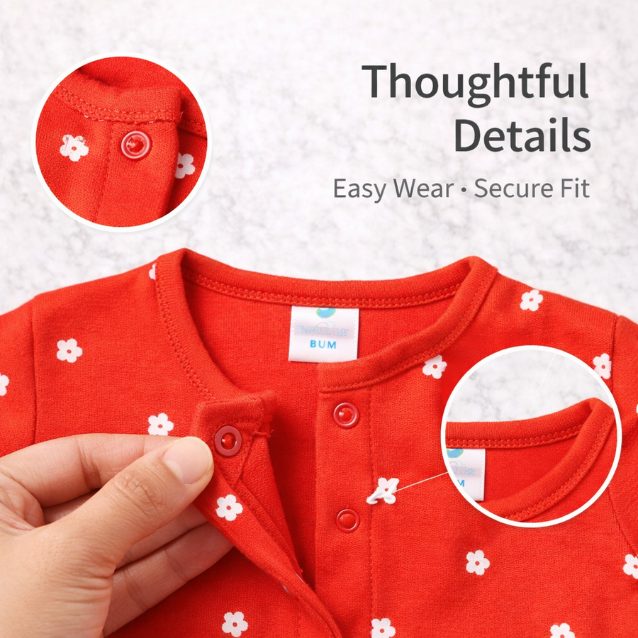 Red Floral Print Romper with Snap Button Closure