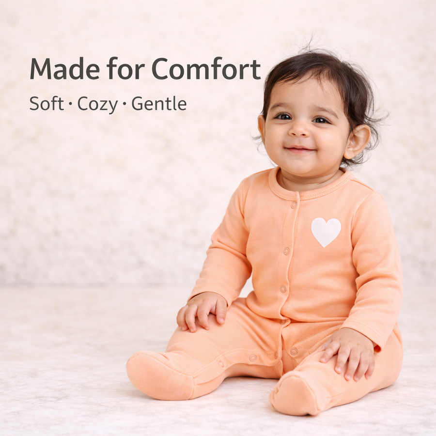 Peach Heart Print Romper with Snap Buttons
