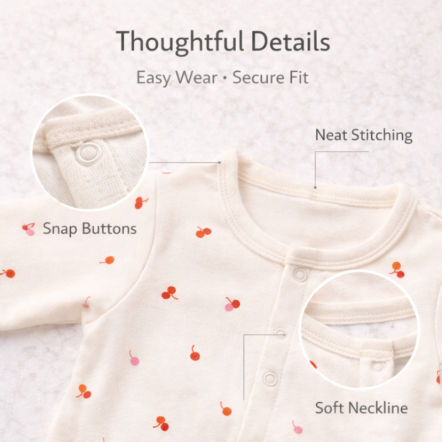 Off White Cherry Print Romper with Snap Button Closure