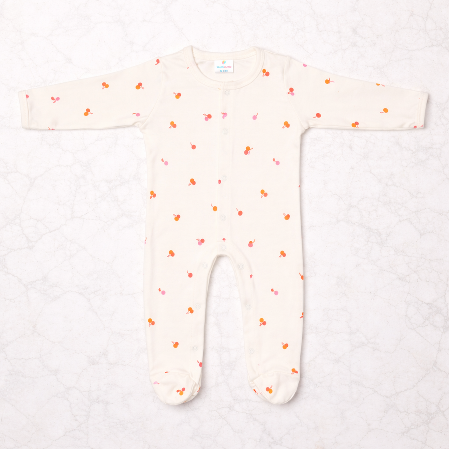 Off White Cherry Print Romper with Snap Button Closure