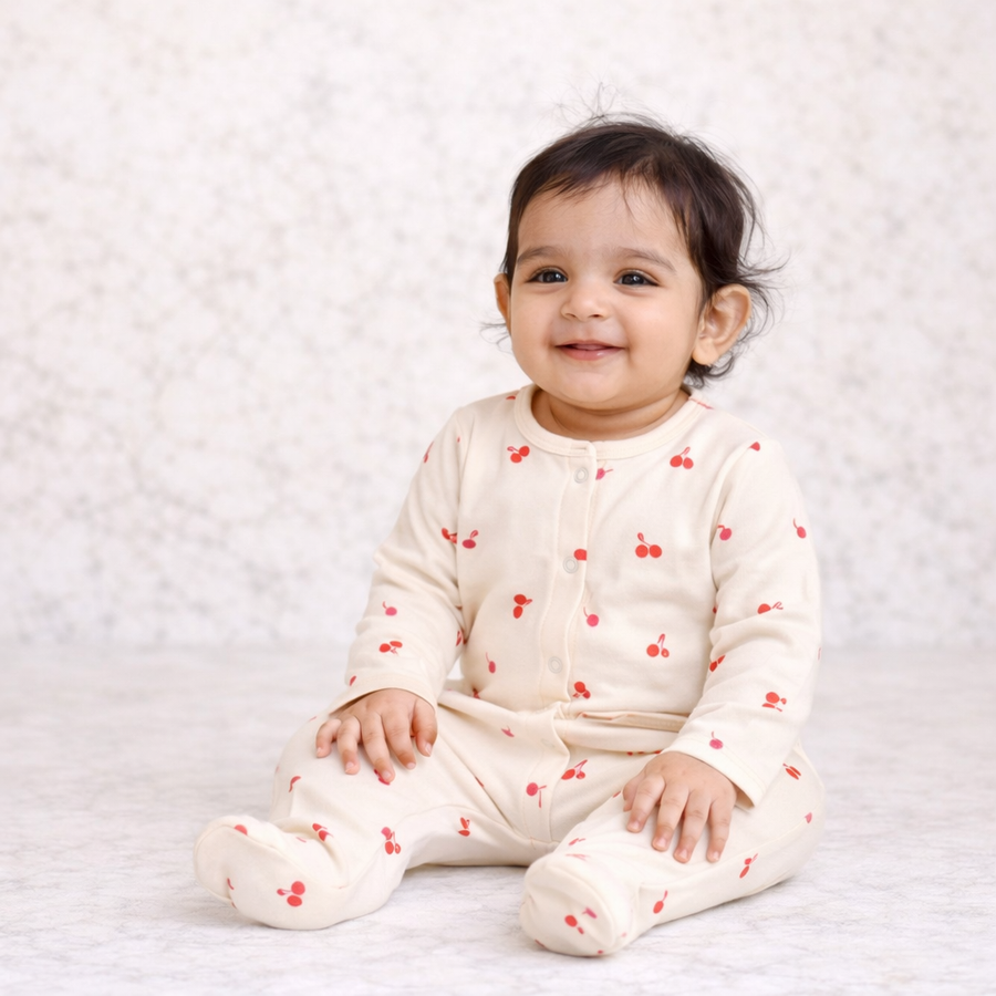 Off White Cherry Print Romper with Snap Button Closure