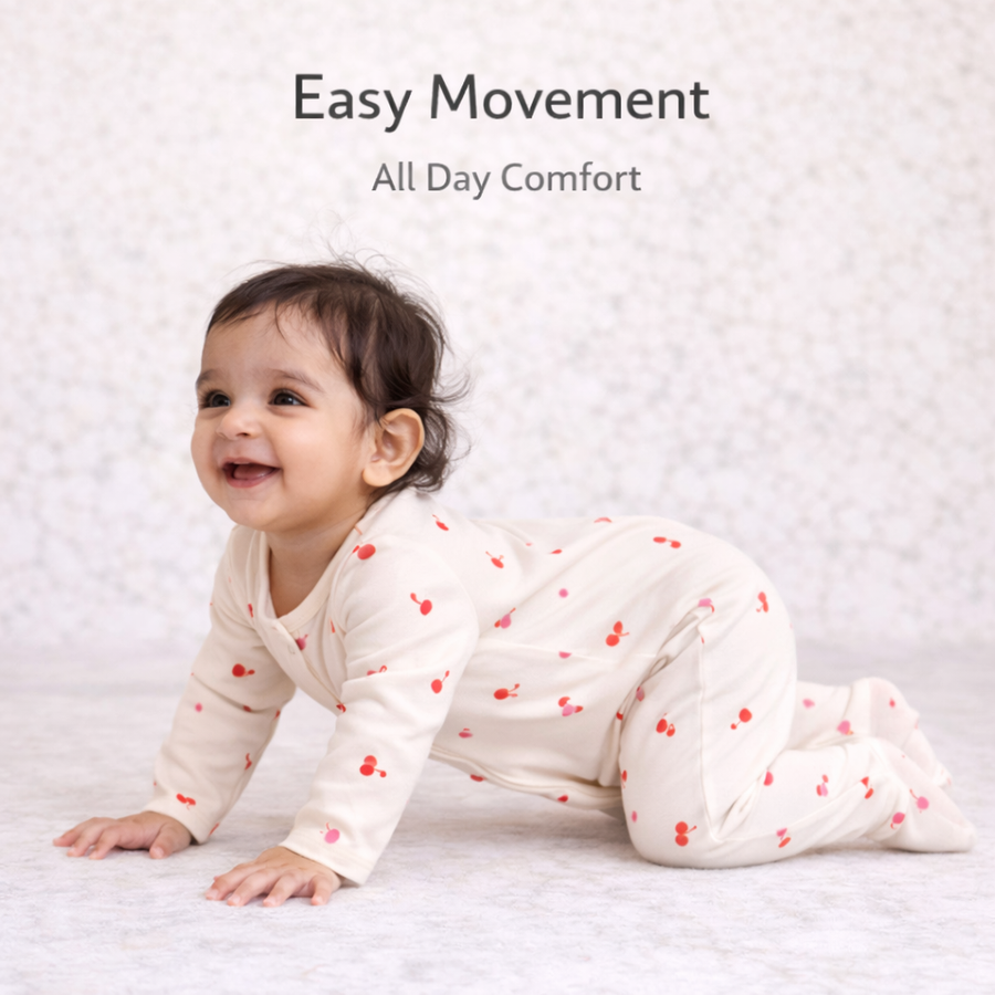 Off White Cherry Print Romper with Snap Button Closure