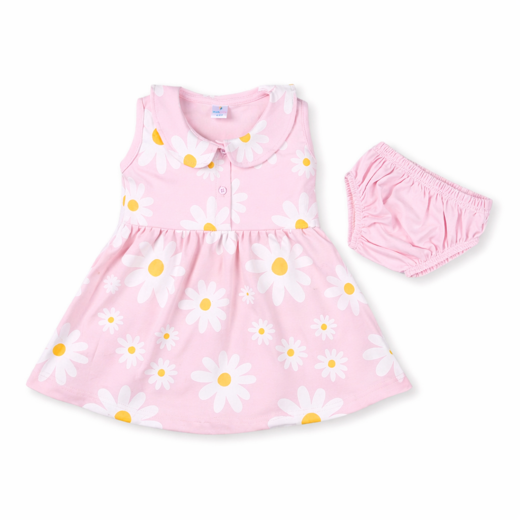 Baby Girl Cotton Dress Set – Pink Floral Print Dress with Bloomer
