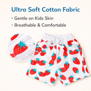 Girls Cotton Strawberry Print Shorts – White Elastic Waist