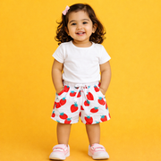 Girls Cotton Shorts Pack of 3 – Stripe, Solid & Strawberry Print