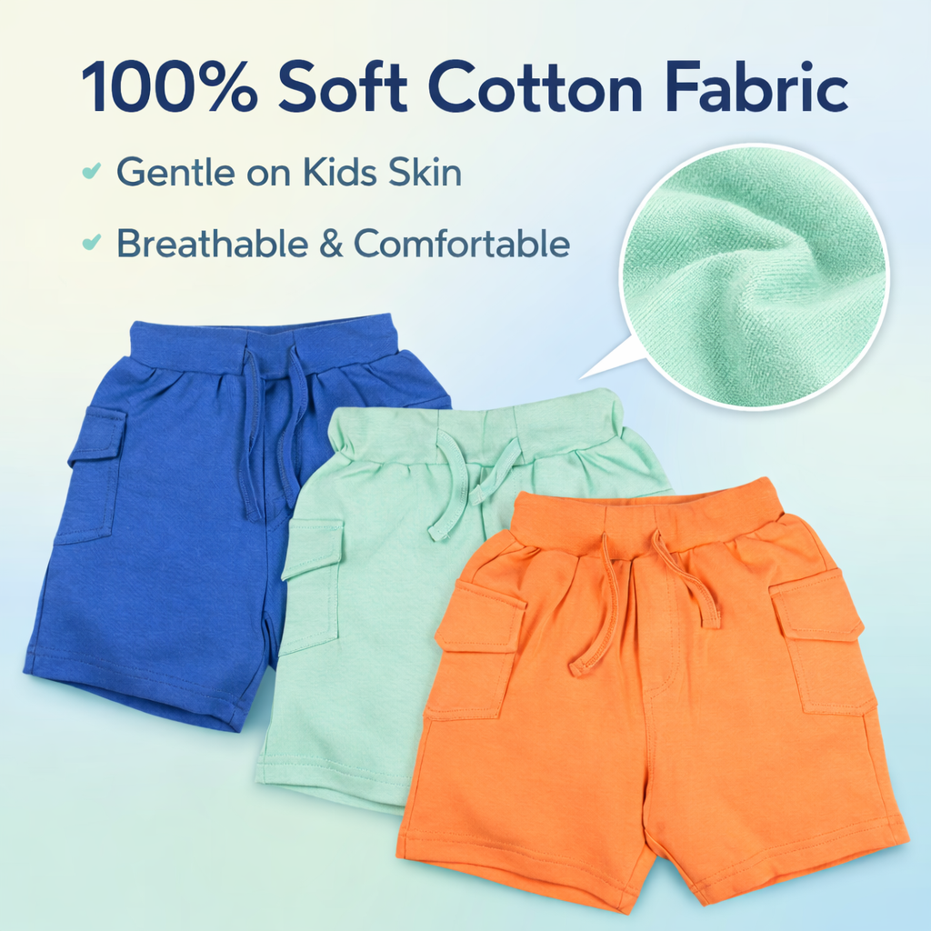Kids Cotton Solid Cargo Shorts Set –Blue,Mint & Orange (Pack of 3)