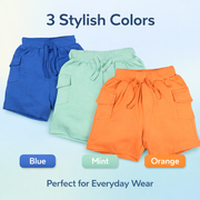 Kids Cotton Solid Cargo Shorts Set –Blue,Mint & Orange (Pack of 3)