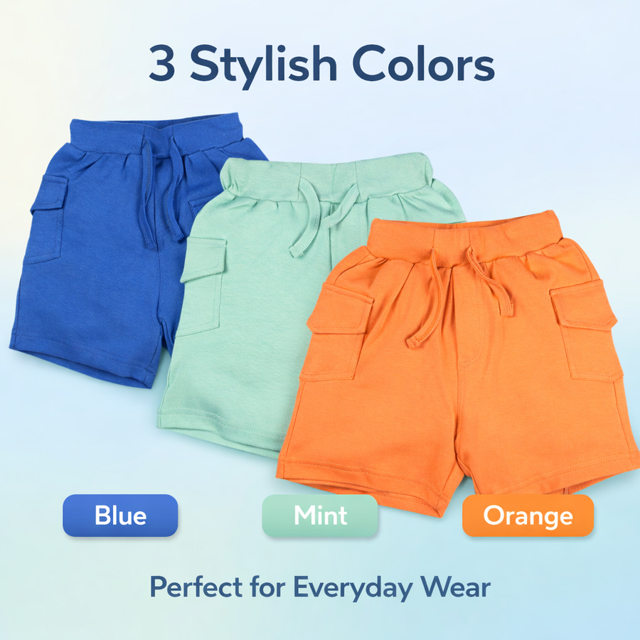 Kids Cotton Solid Cargo Shorts Set –Blue,Mint & Orange (Pack of 3)