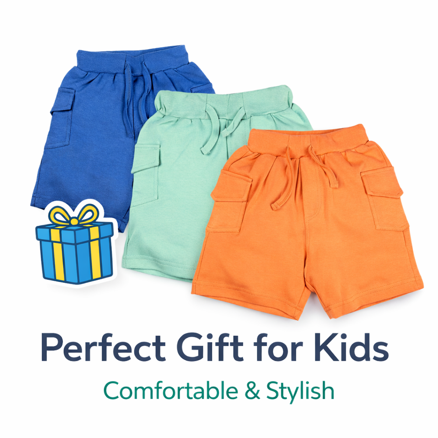 Kids Cotton Solid Cargo Shorts Set –Blue,Mint & Orange (Pack of 3)