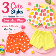 Baby Girl Cotton Shorts Combo (Pack of 3) – Lime Solid, Polka Dot & Strawberry Print