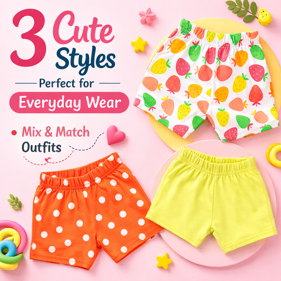 Baby Girl Cotton Shorts Combo (Pack of 3) – Lime Solid, Polka Dot & Strawberry Print