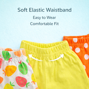 Baby Girl Cotton Shorts Combo (Pack of 3) – Lime Solid, Polka Dot & Strawberry Print