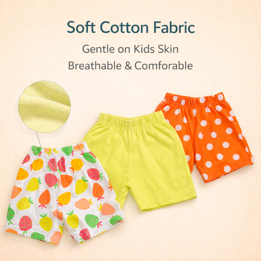 Baby Girl Cotton Shorts Combo (Pack of 3) – Lime Solid, Polka Dot & Strawberry Print