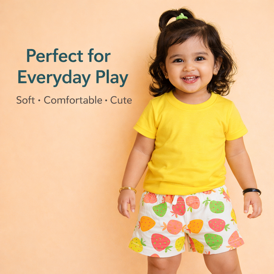 Baby Girl Cotton Shorts Combo (Pack of 3) – Lime Solid, Polka Dot & Strawberry Print