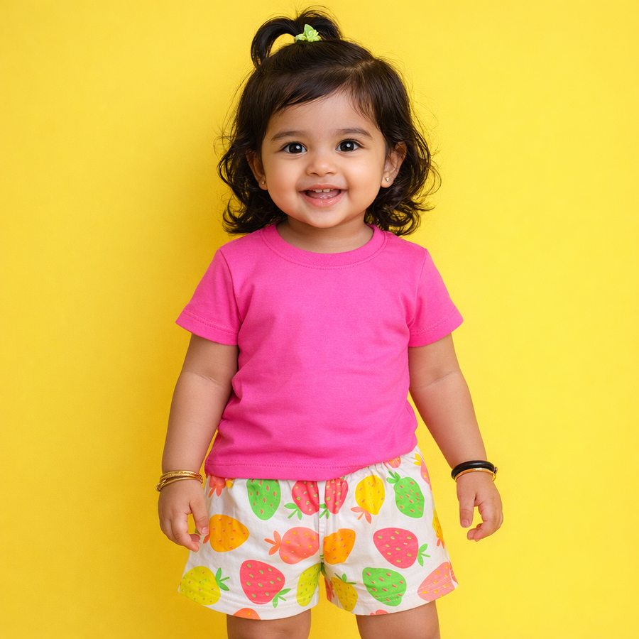 Baby Girl Cotton Shorts Combo (Pack of 3) – Lime Solid, Polka Dot & Strawberry Print