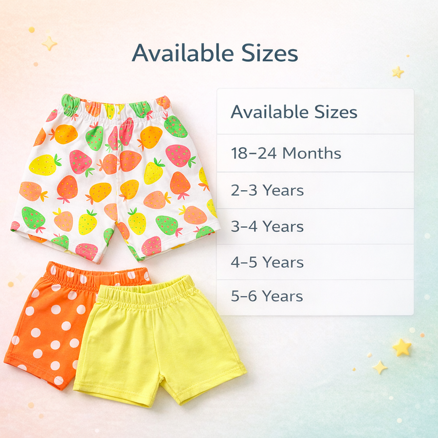 Baby Girl Cotton Shorts Combo (Pack of 3) – Lime Solid, Polka Dot & Strawberry Print